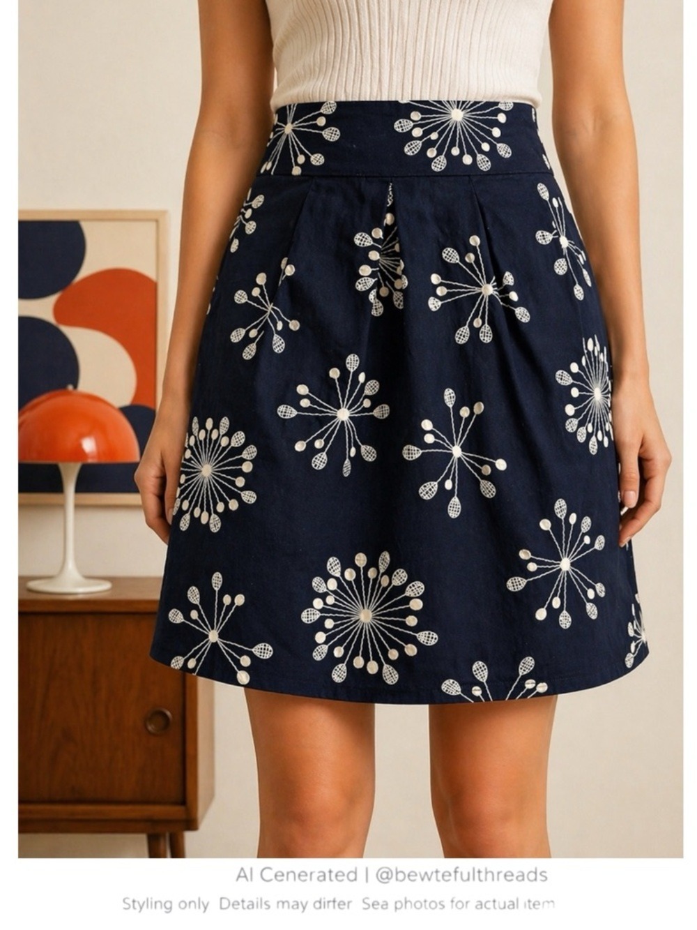 Navy Mod Floral A-Line Skirt Pleated Retro 60s Art Print M